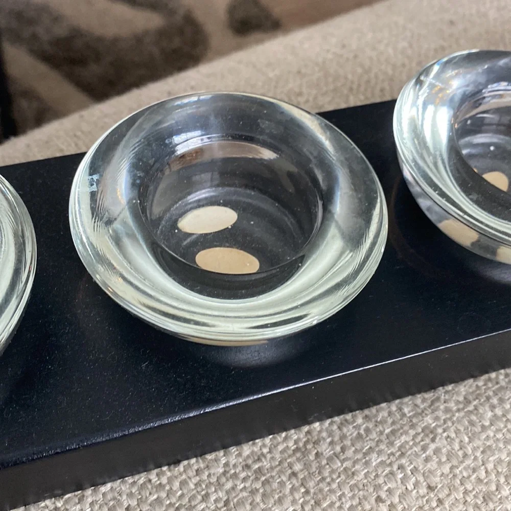 Vintage Pier 1 Black Wood 5 Glass Tea Light Candle Holder Tray.